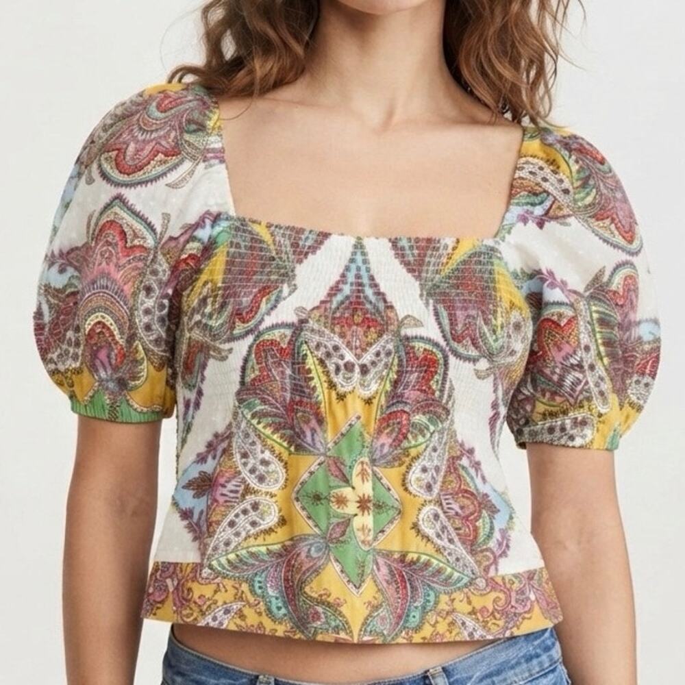 MILLE Resort & Travel Paisley Smocked Square Neck Puff Sleeve Cotton Top Size XS